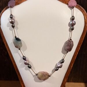 Artisan Gemstone Nugget & Pearl Necklace Womens OS Pink Mauve Boho Knotted